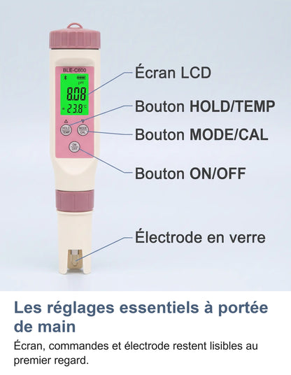 Écran, commandes et électrode du testeur d'eau BLE-C600
