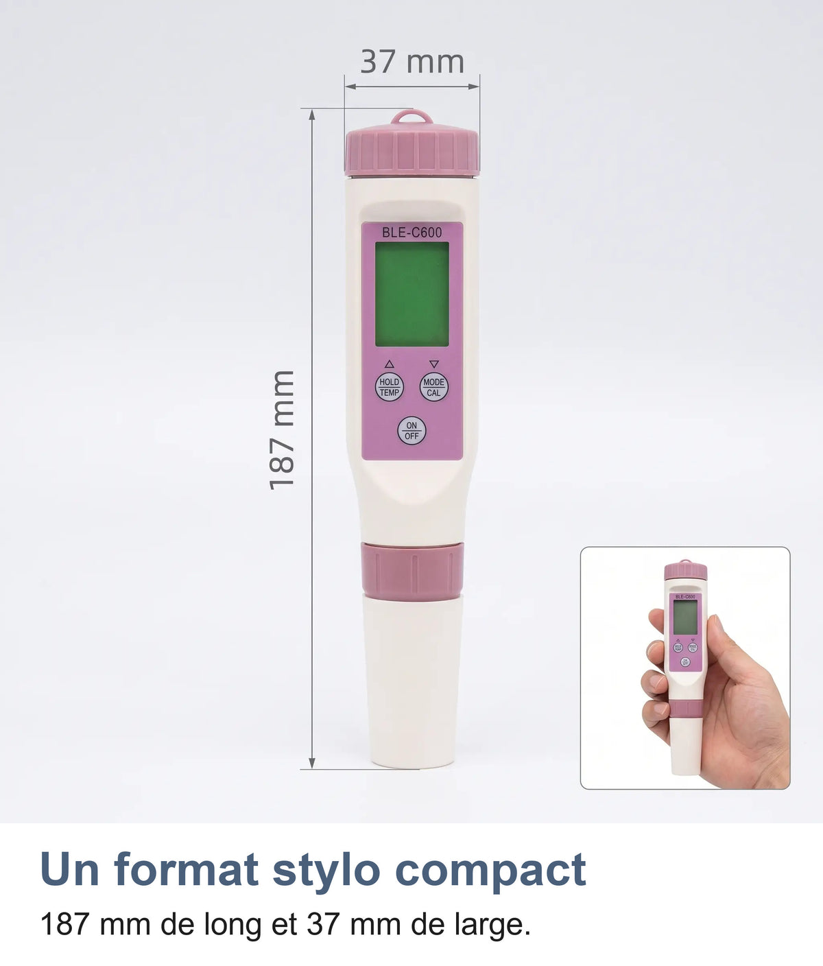 Dimensions du testeur d'eau : 187 x 37 mm