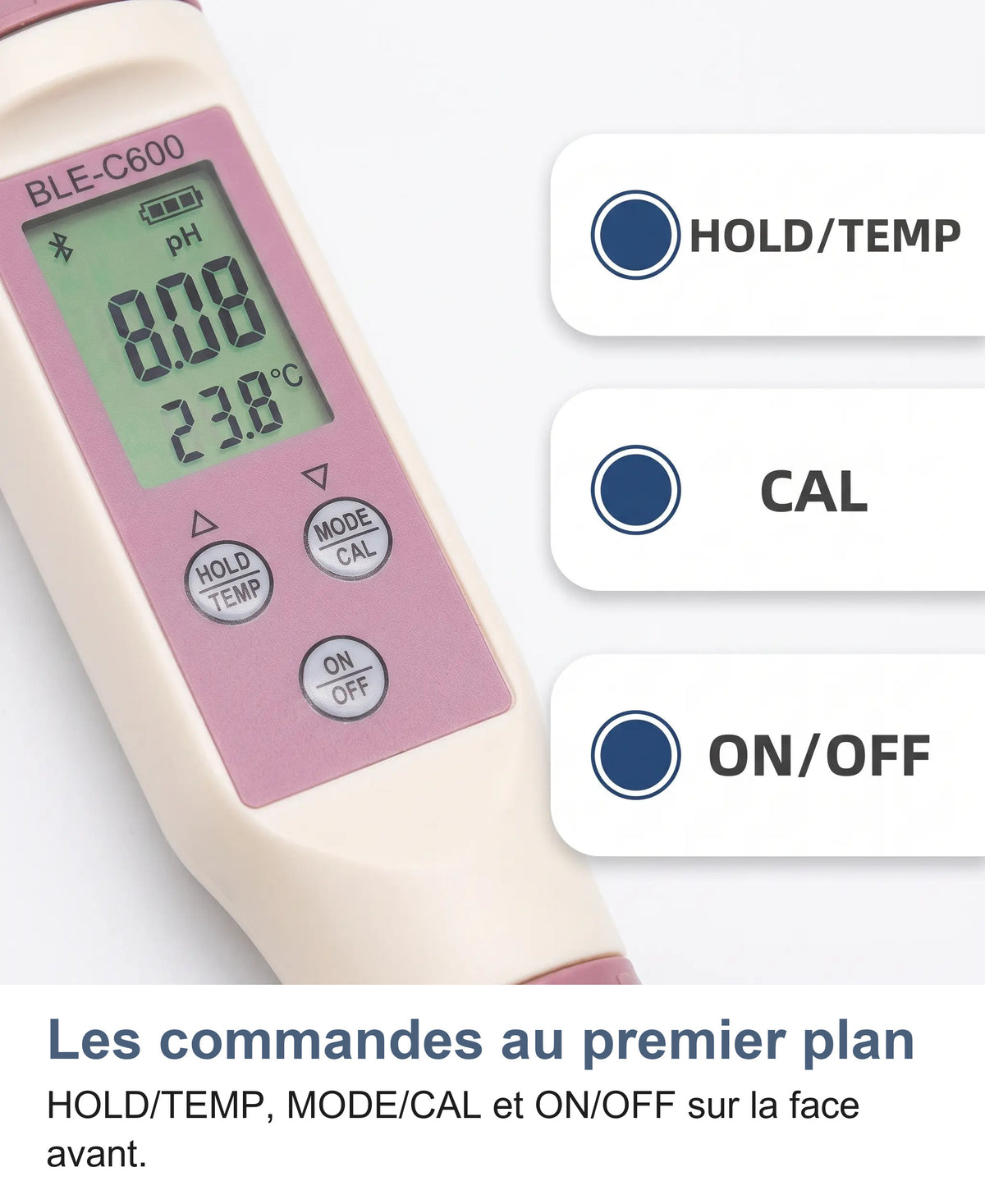 Gros plan sur les commandes HOLD TEMP, MODE CAL et ON OFF