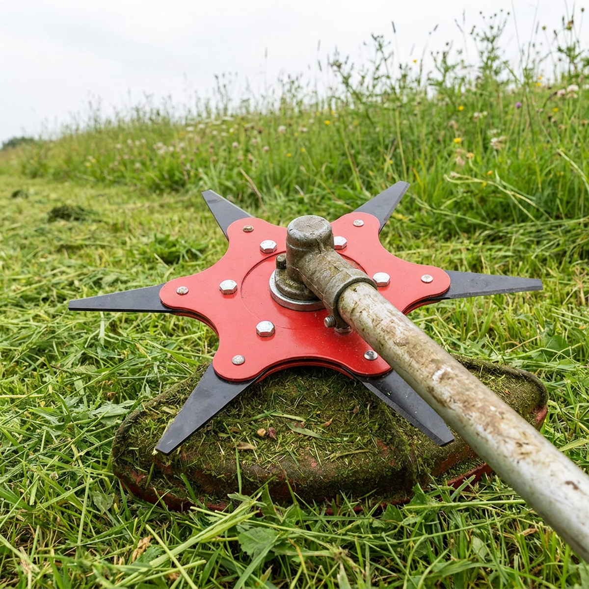 Tête de débroussailleuse universelle à 6 lames d'acier, montée à la place de la tête à fil, coloris rouge