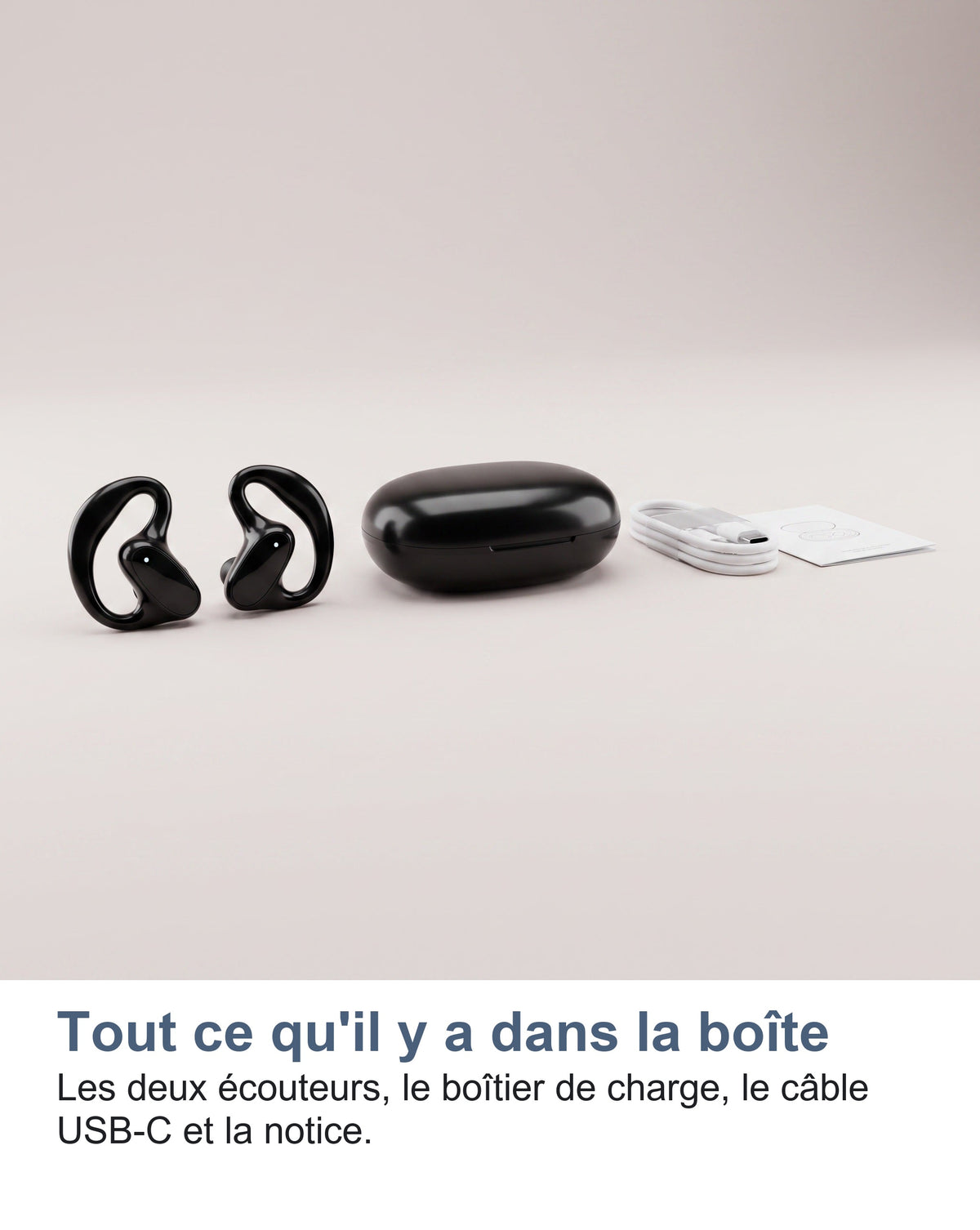 Les écouteurs traducteurs, leur boîtier, le câble USB-C et la notice