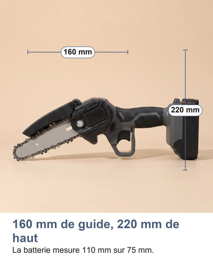 Dimensions de la mini tronçonneuse : guide de 160 mm, hauteur 220 mm