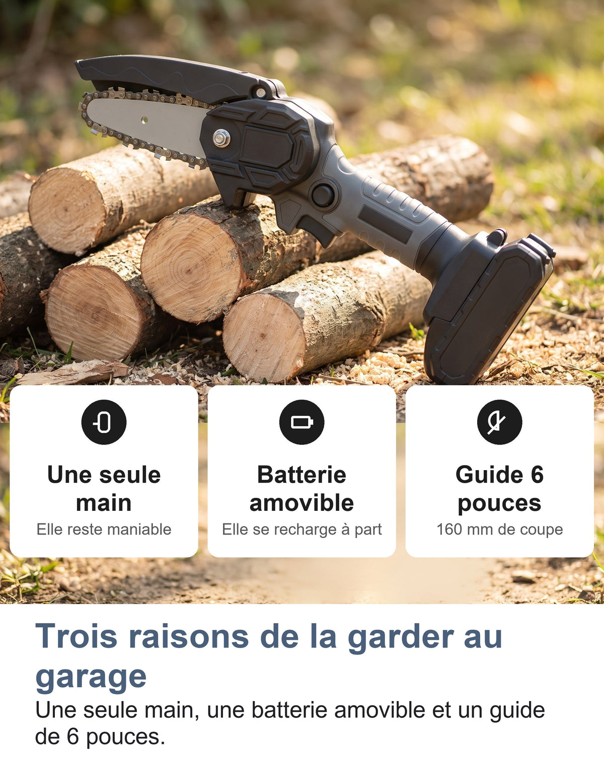 Tronçonneuse à une main, batterie amovible et guide de 6 pouces