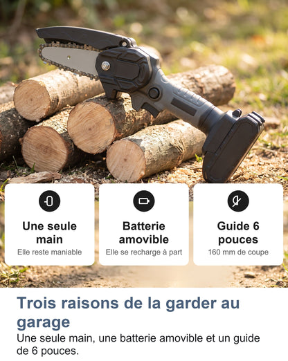 Tronçonneuse à une main, batterie amovible et guide de 6 pouces