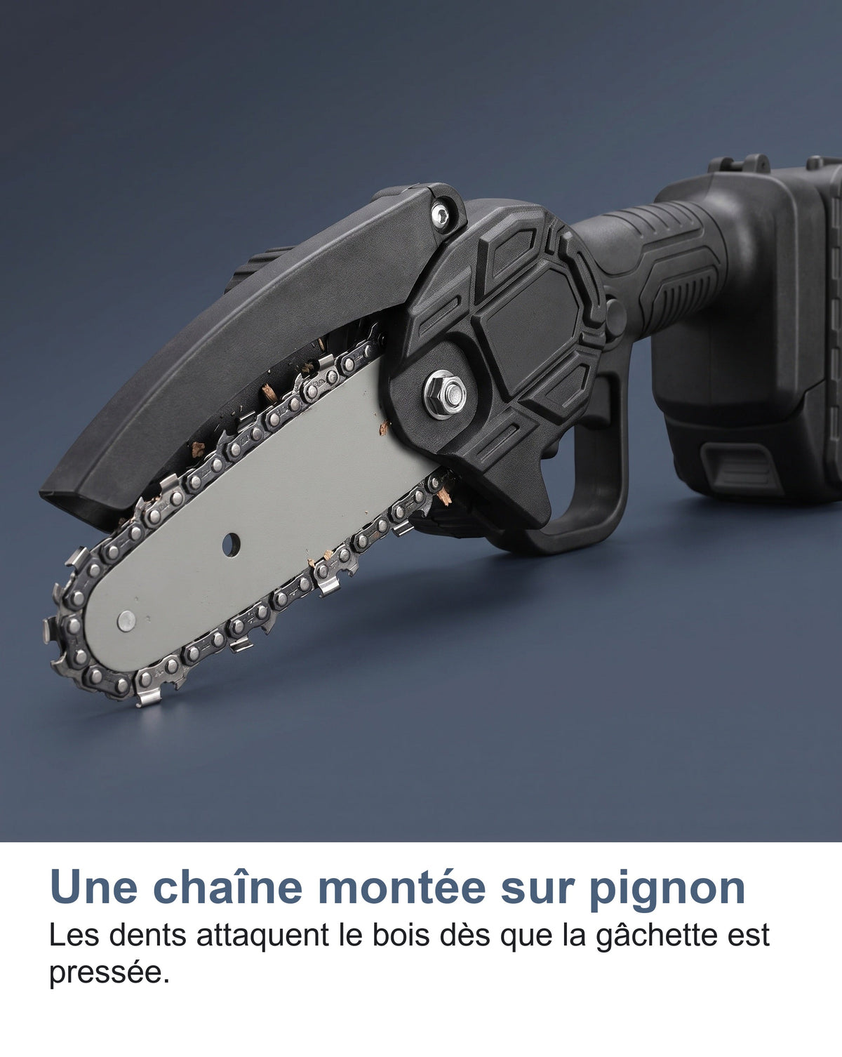 Macro de la chaîne et du pignon de la mini tronçonneuse