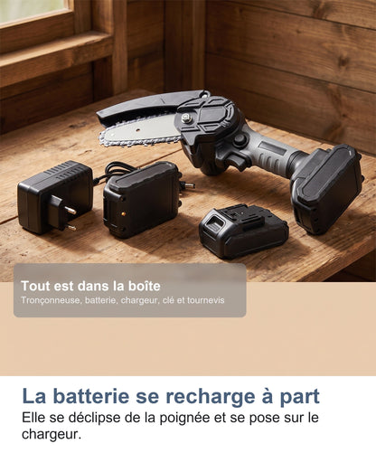 La batterie lithium de la tronçonneuse posée sur son chargeur