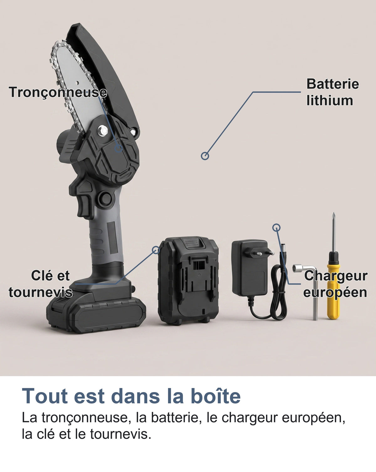 Le contenu de la boîte de la mini tronçonneuse sans fil