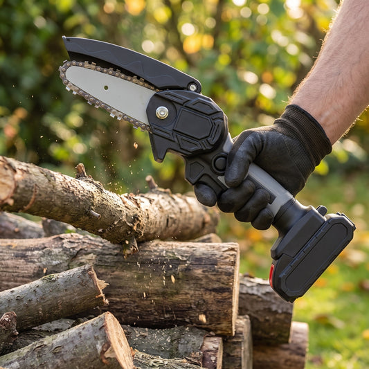 Mini tronçonneuse sans fil utilisée pour couper une branche au jardin