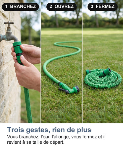 Trois gestes, rien de plus Vous branchez, l'eau l'allonge, vous fermez et il revient à sa taille de départ.