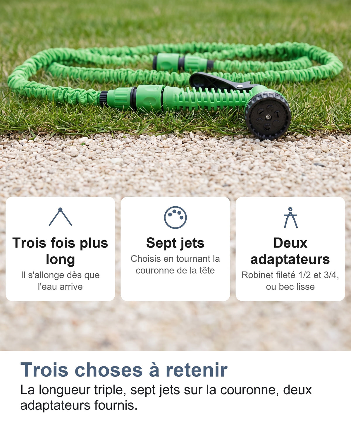 Trois choses à retenir La longueur triple, sept jets sur la couronne, deux adaptateurs fournis.