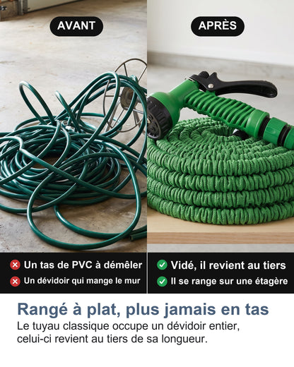 Rangé à plat, plus jamais en tas Le tuyau classique occupe un dévidoir entier, celui-ci revient au tiers de sa longueur.