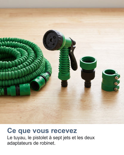 Ce que vous recevez Le tuyau, le pistolet à sept jets et les deux adaptateurs de robinet.