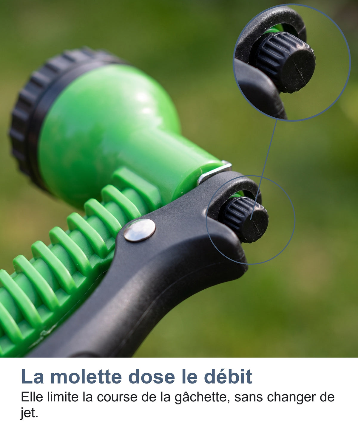 La molette dose le débit Elle limite la course de la gâchette, sans changer de jet.