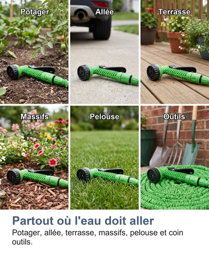 Partout où l'eau doit aller Potager, allée, terrasse, massifs, pelouse et coin outils.
