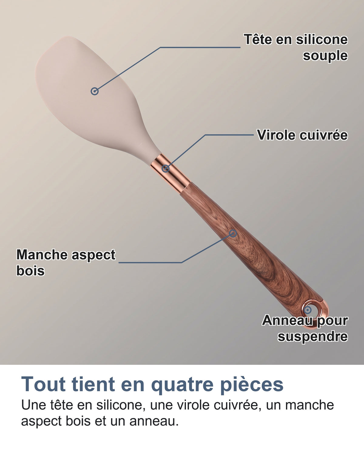Les parties d'un ustensile nommées : tête en silicone souple, virole cuivrée, manche aspect bois, anneau pour suspendre