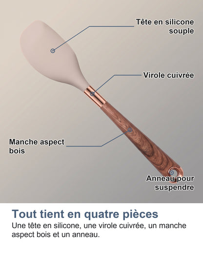 Les parties d'un ustensile nommées : tête en silicone souple, virole cuivrée, manche aspect bois, anneau pour suspendre