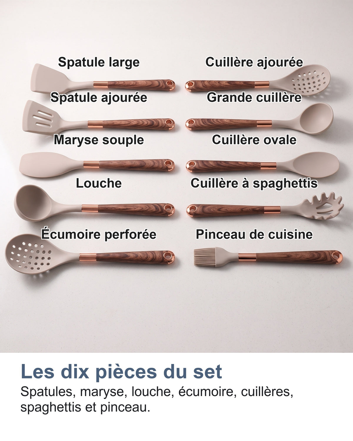 Les dix ustensiles du set, chacun nommé, sur deux colonnes