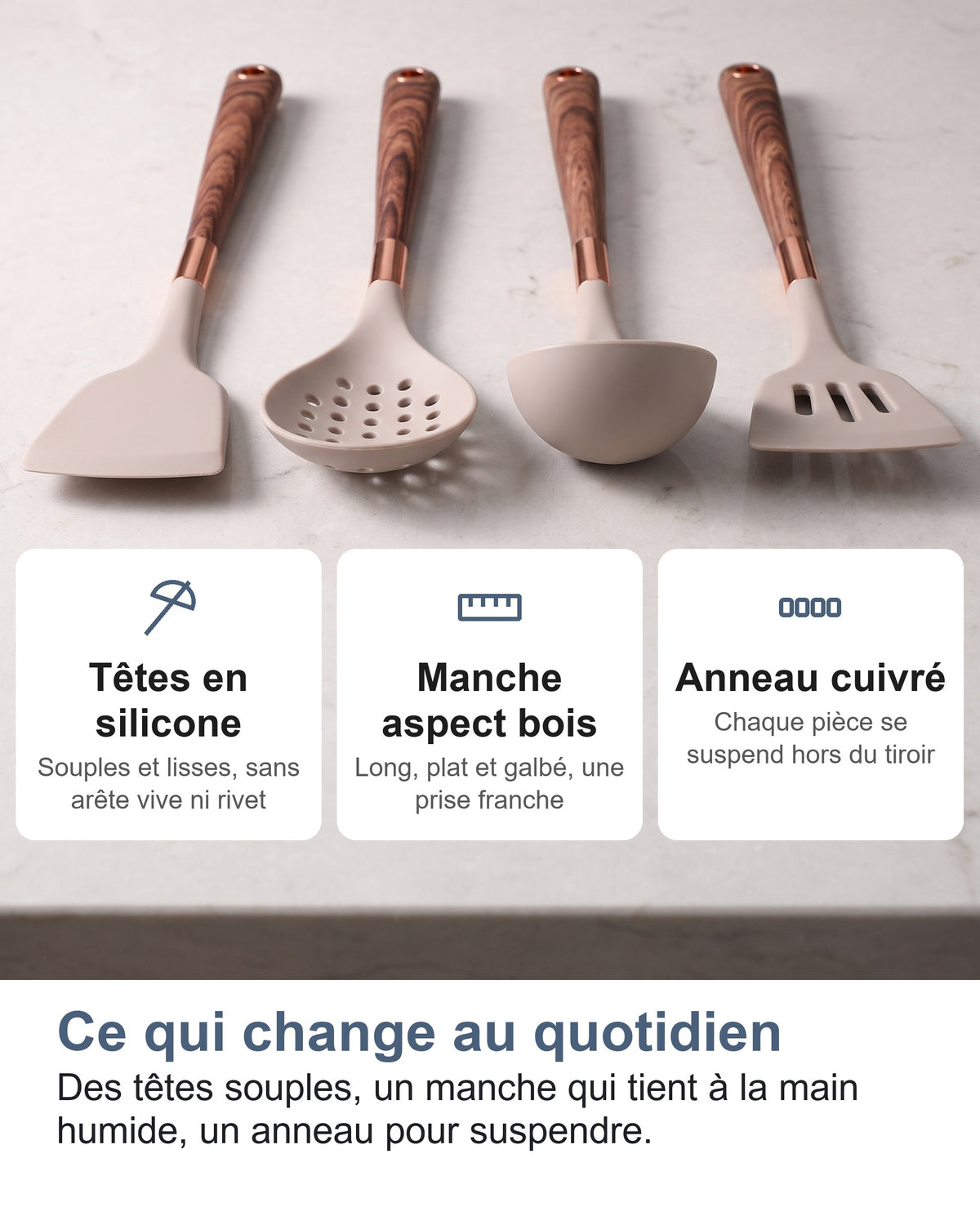 Quatre ustensiles et trois cartes : têtes en silicone, manche aspect bois, anneau cuivré
