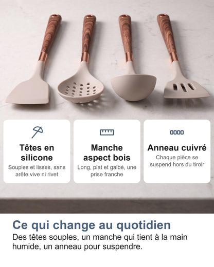 Quatre ustensiles et trois cartes : têtes en silicone, manche aspect bois, anneau cuivré