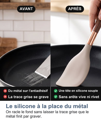 Une lame en métal qui raye l'antiadhésif, puis une tête en silicone souple dans la même poêle