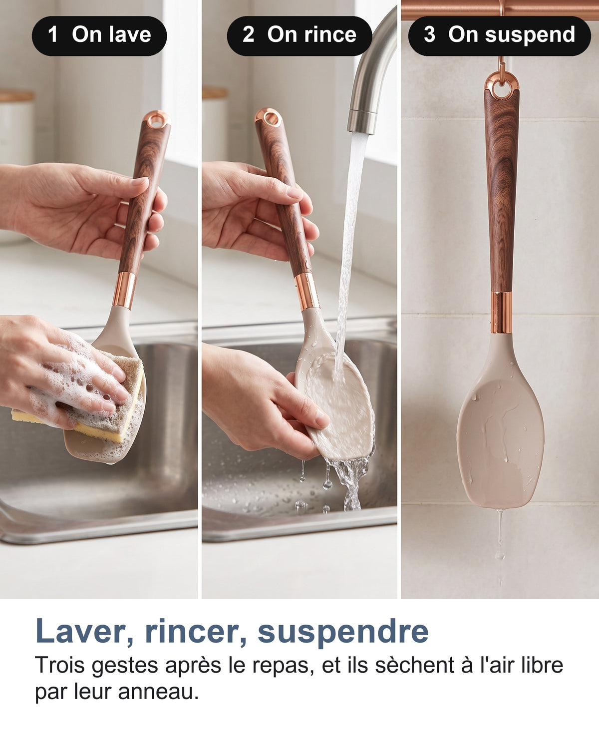 Trois étapes : on lave, on rince, on suspend