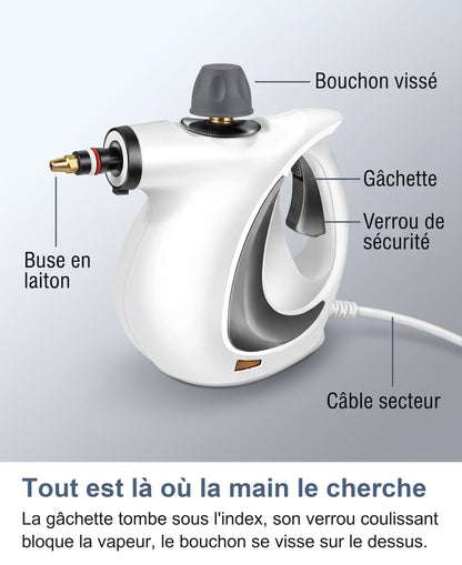Anatomie du nettoyeur vapeur : bouchon vissé, gâchette, verrou de sécurité, buse en laiton, câble secteur