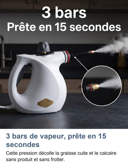3 bars de vapeur, prête en 15 secondes, zoom sur la buse en laiton