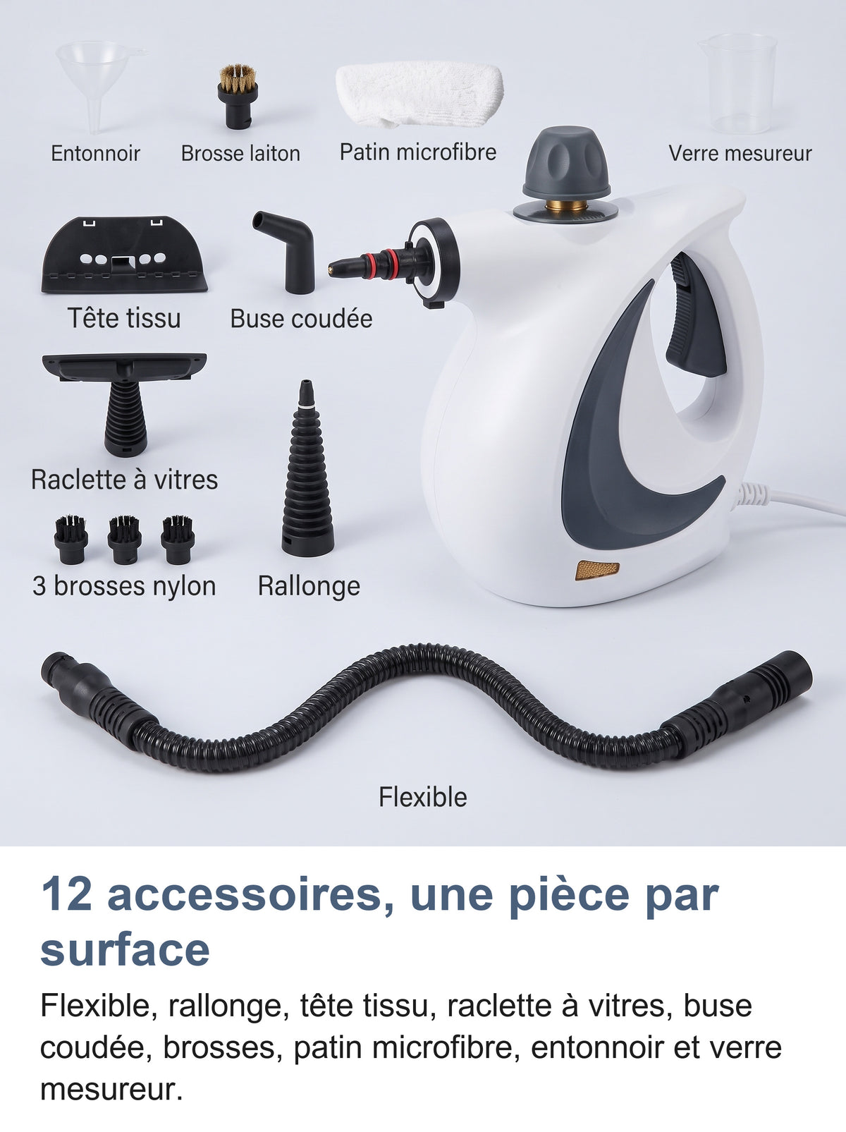 Les 12 accessoires du nettoyeur vapeur étalés et nommés