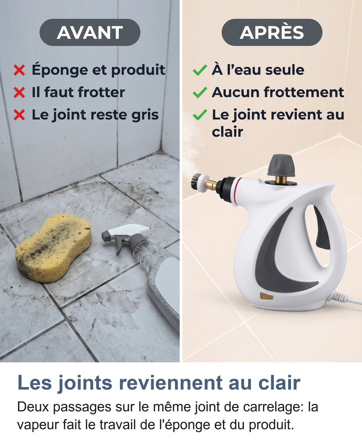 Avant, après sur un joint de carrelage : éponge et produit contre vapeur à l'eau seule
