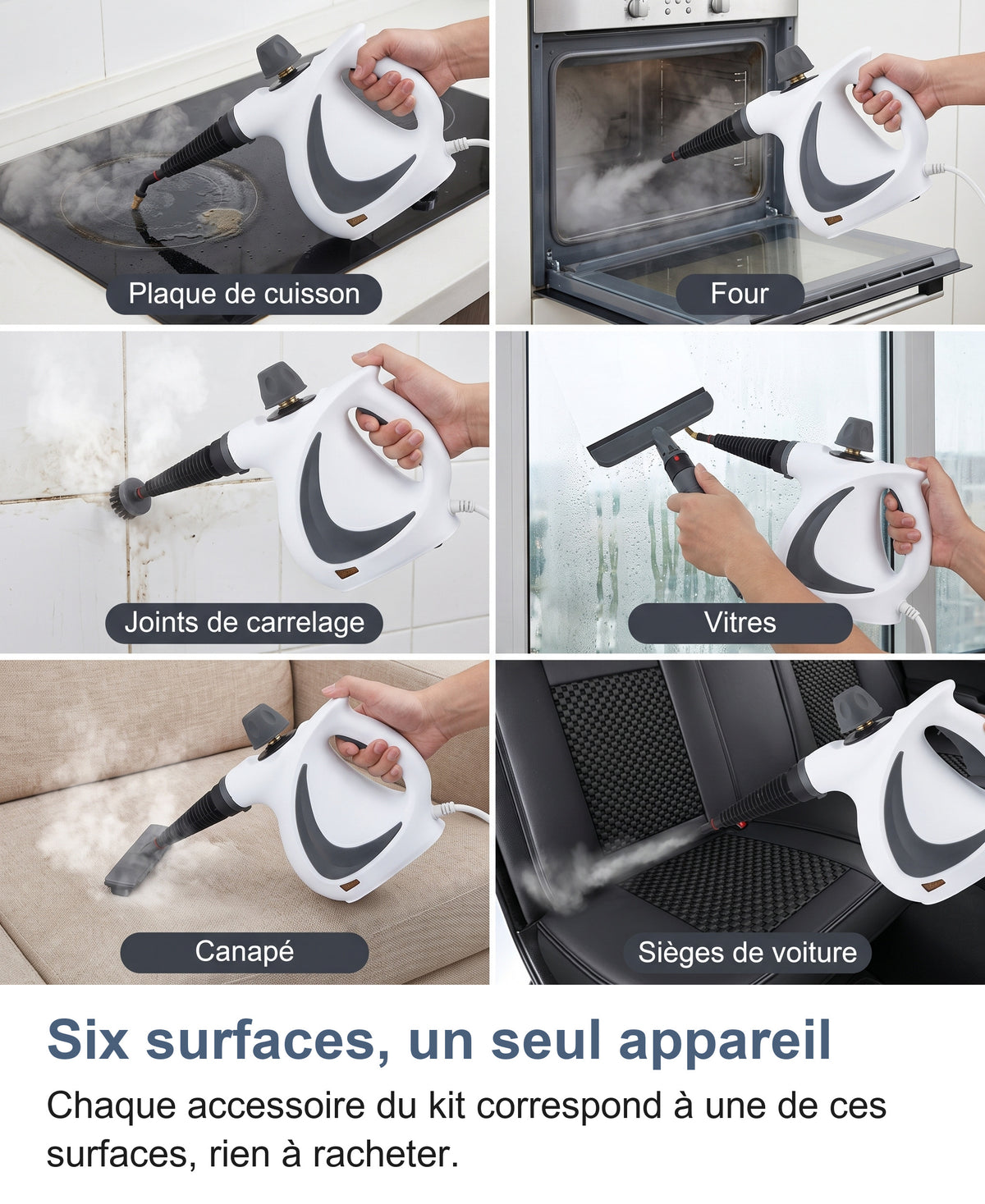 Six surfaces : plaque de cuisson, four, joints de carrelage, vitres, canapé, sièges de voiture