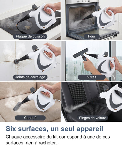 Six surfaces : plaque de cuisson, four, joints de carrelage, vitres, canapé, sièges de voiture