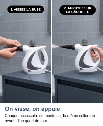 Deux gestes : visser la buse, puis appuyer sur la gâchette