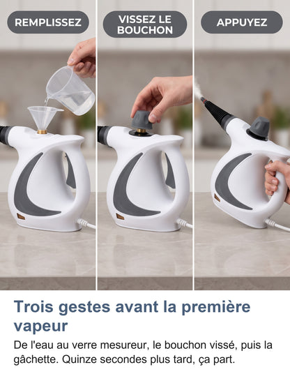 Trois gestes : remplir, visser le bouchon, appuyer sur la gâchette
