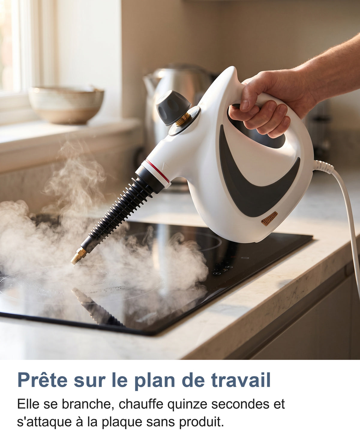 Nettoyeur vapeur en action sur une plaque de cuisson en verre