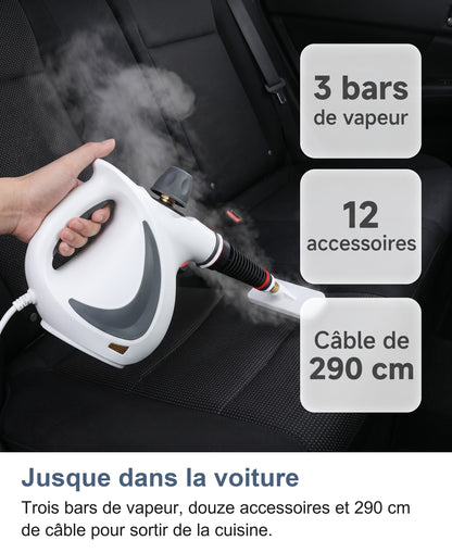 Nettoyeur vapeur sur un siège de voiture : 3 bars, 12 accessoires, câble de 290 cm