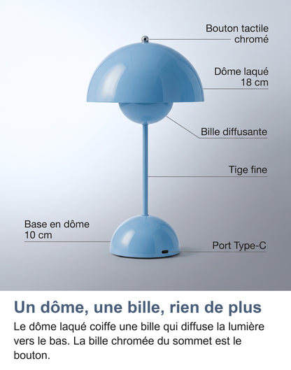 Anatomie de la lampe : bouton tactile chromé, dôme laqué 18 cm, bille diffusante, tige, base en dôme 10 cm, port Type-C