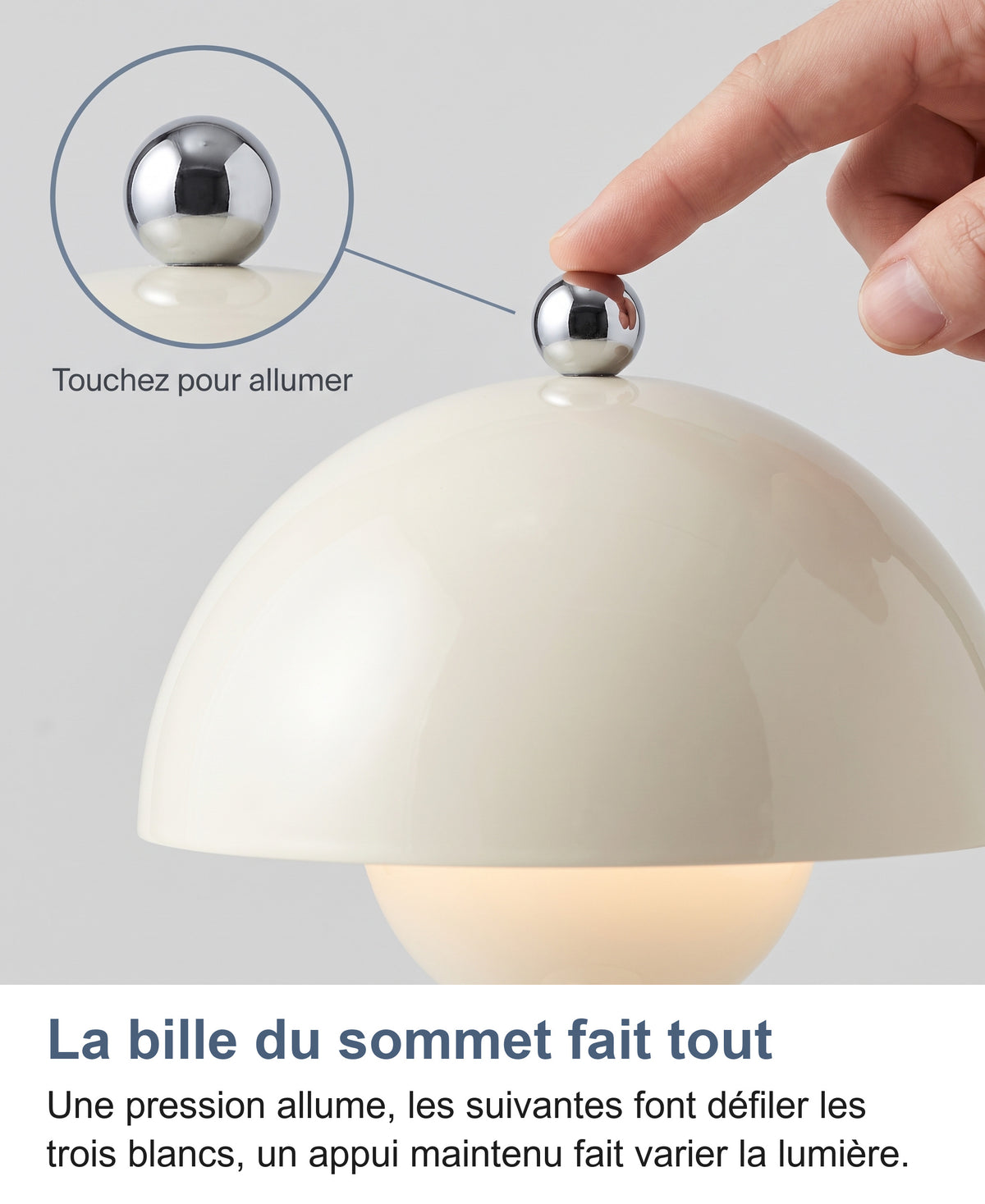 Doigt sur la bille chromée tactile au sommet du dôme, zoom sur le bouton