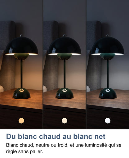 La même lampe allumée en blanc chaud, neutre et froid dans une chambre la nuit