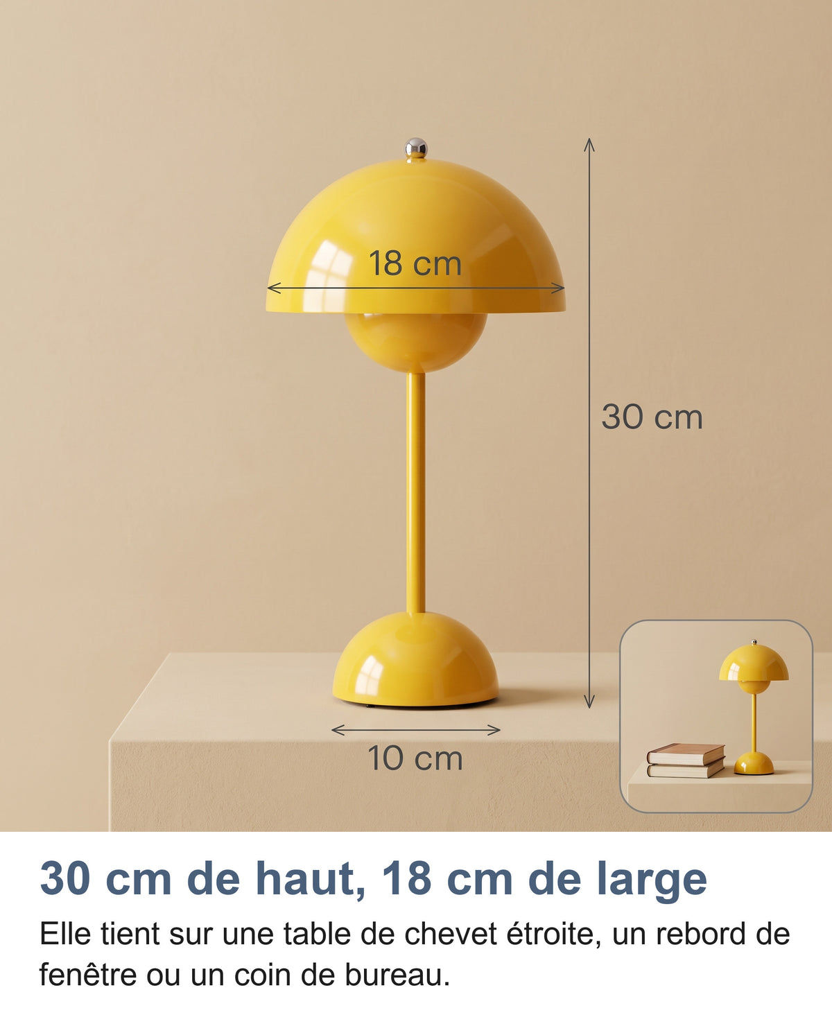 Dimensions de la lampe jaune : 30 cm de haut, dôme 18 cm, base 10 cm