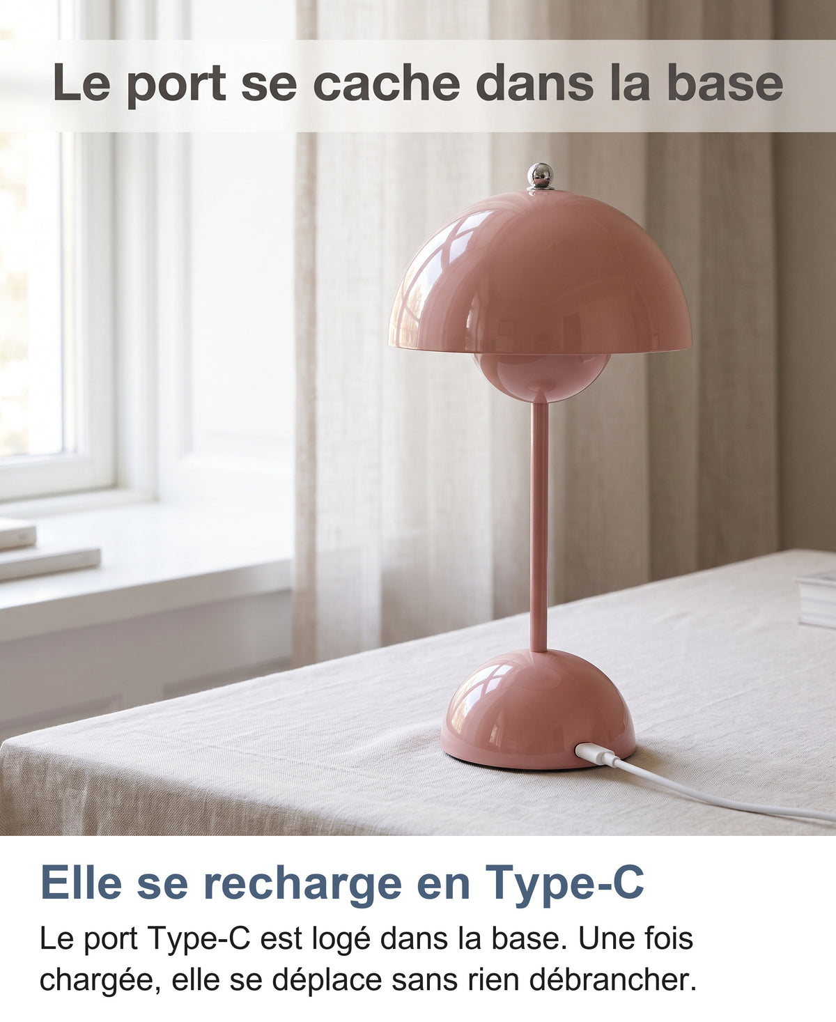Lampe beige rouge en recharge par le port Type-C de la base
