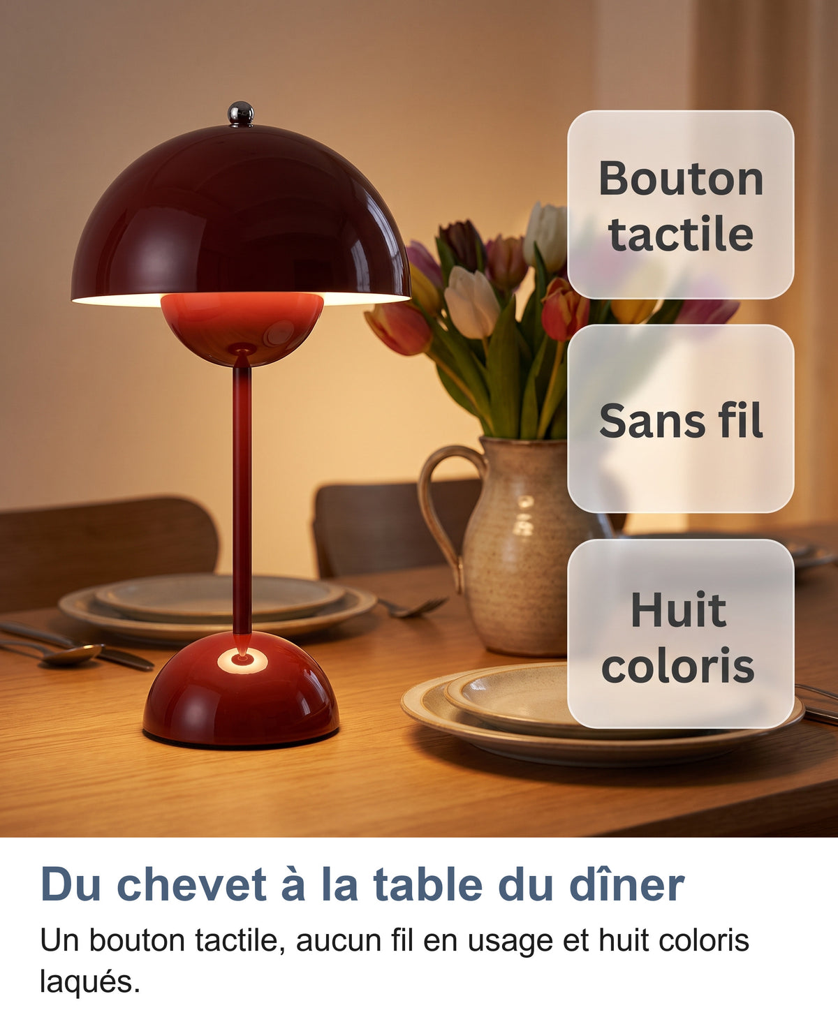 Lampe brun rougeâtre sur une table de dîner : bouton tactile, sans fil, huit coloris