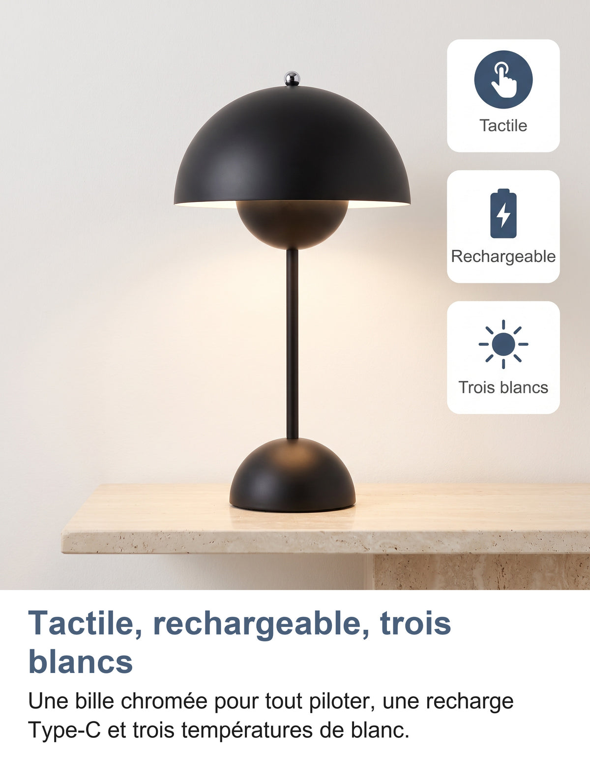 Lampe noire mate sur une console : tactile, rechargeable, trois blancs