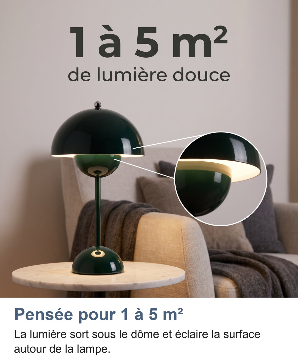 Lampe vert foncé pensée pour 1 à 5 m², zoom sur l'anneau de lumière sous le dôme