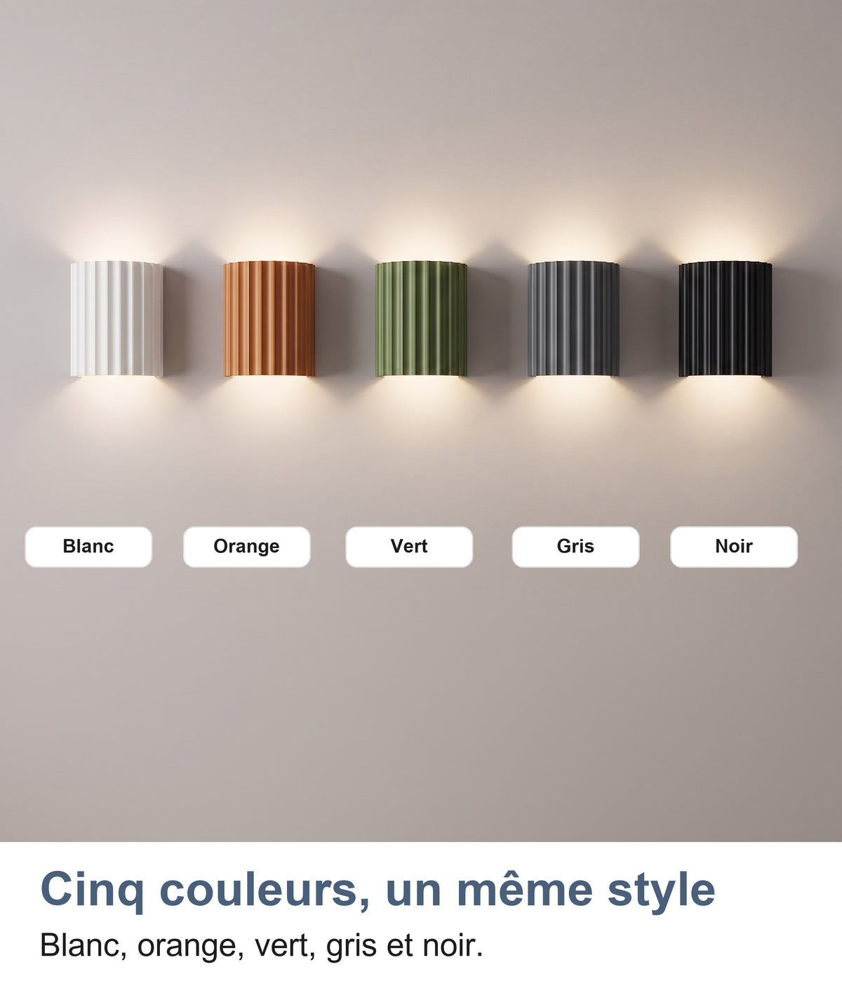 Les cinq couleurs de l'applique : blanc, orange, vert, gris et noir