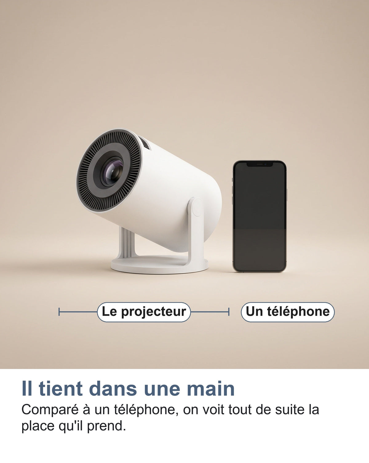 La taille du vidéoprojecteur portable comparée à un téléphone