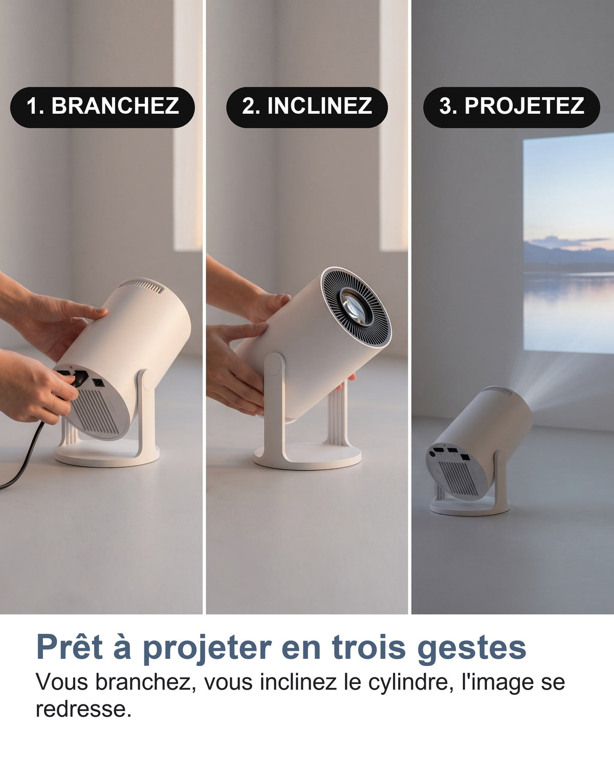 Brancher, incliner puis projeter en trois gestes