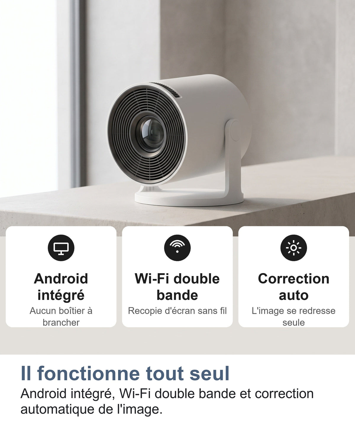Android intégré, Wi-Fi double bande et correction automatique de l'image