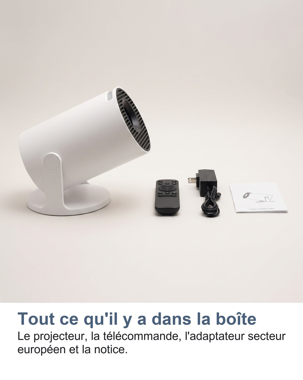 Le vidéoprojecteur, sa télécommande, l'adaptateur secteur et la notice