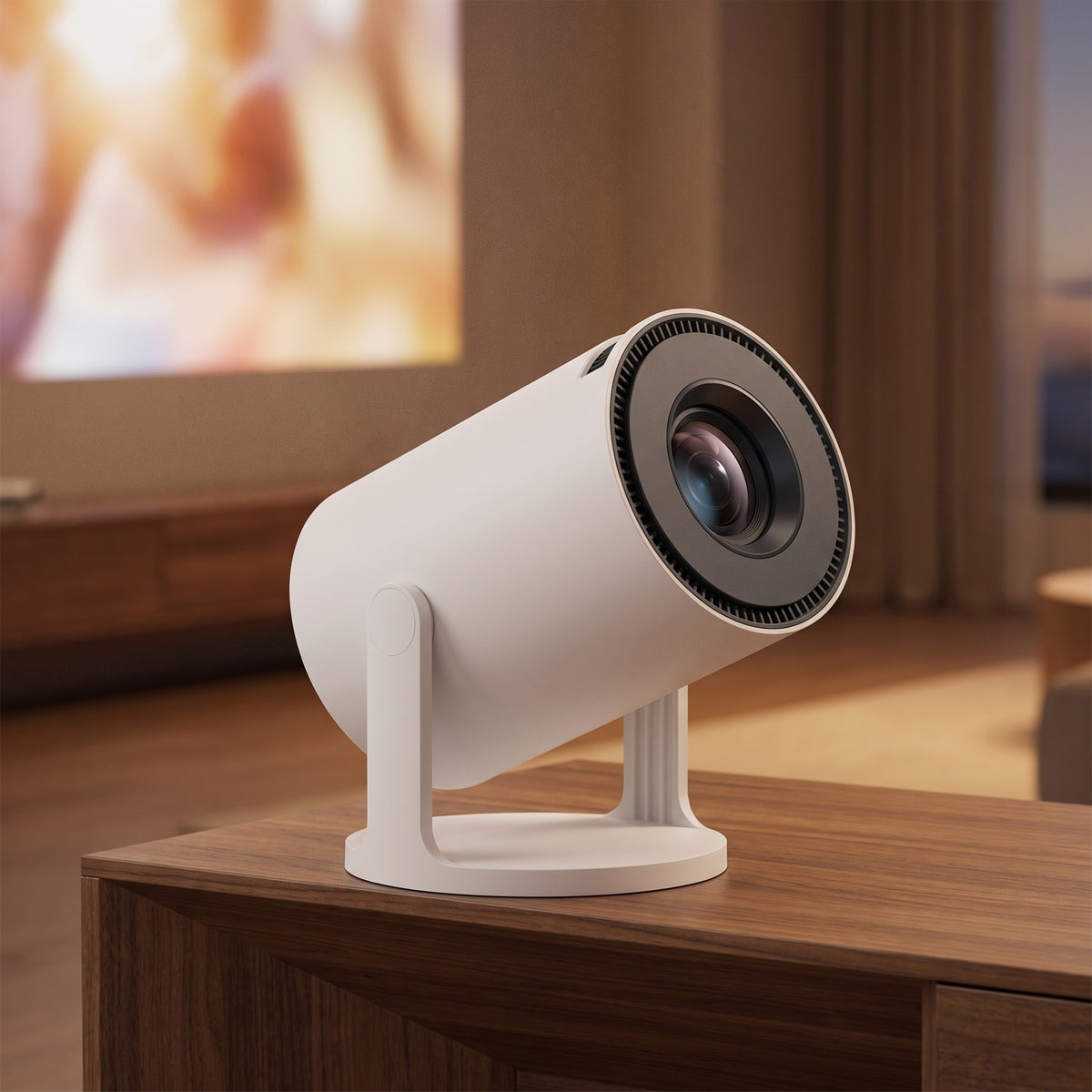 Vidéoprojecteur portable posé sur un meuble de salon, image projetée au mur