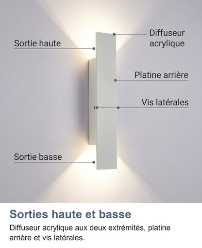 Applique blanche légendée : sortie haute, sortie basse, diffuseur acrylique, platine arrière et vis latérales